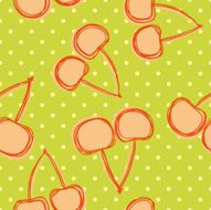 Hand drawn cherry seamless pattern on polka dot background