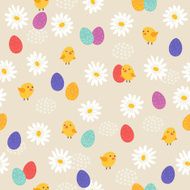 Easter seamless pattern with flowers eggs and chickens