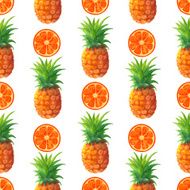 Watercolor seamless pattern with pineapples and oranges