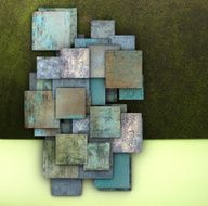 3d fragmented blue green square grunge tiles