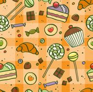 Seamless pattern with different sweets on tablecloth in orange color N2