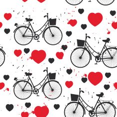 seamless pattern black bike and red heart on white background N2