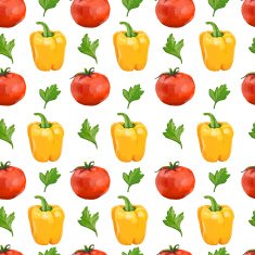 Seamless pattern with tomatoes yellow pepper and parsley Vector