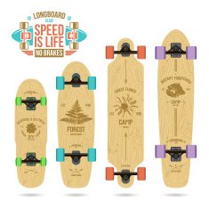 Set of camp emblems on longboard
