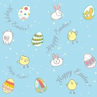 Seamless texture of decorative eggs chickens rabbits Congratulations with Easter