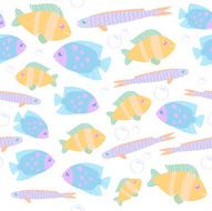 Seamless fishes pattern in beige and blue colors on white