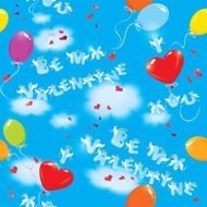 Seamless pattern with colorful balloons and texts Be my Valentine