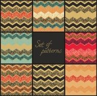 Set of zigzag art deco patterns with stylized roses