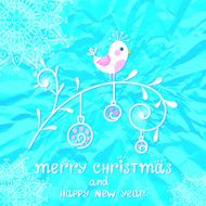 Christmas card with cute bird on blue winter background