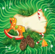 Christmas and New Year card with wooden rocking horse toy N2