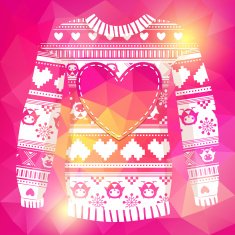 Warm sweater with owls and hearts in polygonal style N2