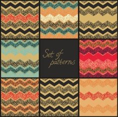 Set of zigzag art deco patterns with stylized roses