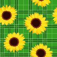 Seamless pattern with sunflowers on green tartan background Vector illustration