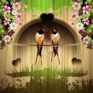 Two swallows and flowers