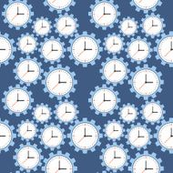 Seamless pattern Cogwheels and clocks over blue background