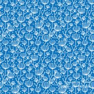 Vector blue white lineart plants horizontal frame seamless pattern background