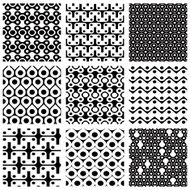 Set of dotted seamless patterns with rings and geometric figures
