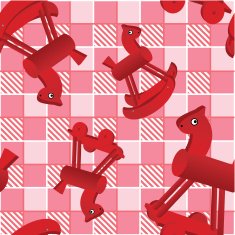 seamless pattern with toys red horses on checked pink background