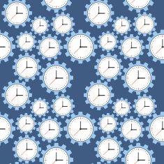 Seamless pattern Cogwheels and clocks over blue background