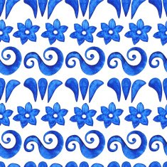 Watercolor floral seamless pattern blue flowers and waves