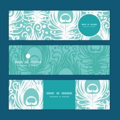 Vector soft peacock feathers horizontal banners set pattern background