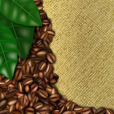 Burlap background with coffee beans and leaves