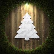 Paper Christmas Tree on Wooden background with wreath and snow