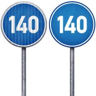 Two blue minimum speed limit 140 circular road signs