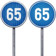 Two blue minimum speed limit 65 circular road signs