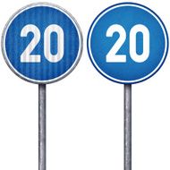 Two blue minimum speed limit 20 circular road signs