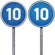 Two blue minimum speed limit 10 circular road signs