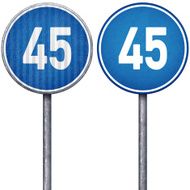 Two blue minimum speed limit 45 circular road signs