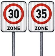 Two rectangular speed limit zone 30 and 35 road signs