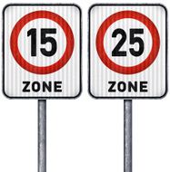 Two rectangular speed limit zone 15 and 25 road signs