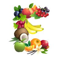 Letter E composed of different fruits with leaves