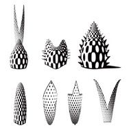 Halftone Pattern Shapes Cat Hats Alien Fruit Isolated on White
