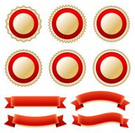 Golden Blank custom badges with red ribbons