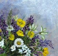 Acrylic painted multicolored wild flowers arrangement in square frame shape