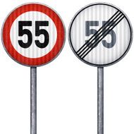 Two red and white maximum speed limit 55 road signs