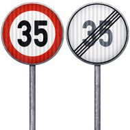 Two red and white maximum speed limit 35 road signs