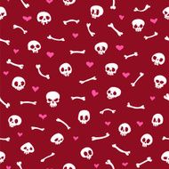 Cartoon Skulls with Hearts on Red Background Seamless Pattern N2