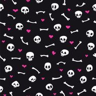Cartoon Skulls with Hearts on Black Background Seamless Pattern N2