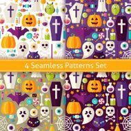 Four Vector Flat Seamless Halloween Party Patterns Set