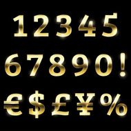 Gold glittering font set currency numbers and special symbols