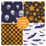 Set of vector seamless halloween patterns with skulls bats stars