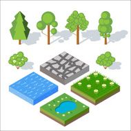 Isometric landscape elements Bushes and trees water grass Ve