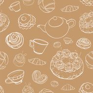 seamless vector contour pattern with baking tea cakes N2