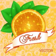 Juicy fresh orange background with leaves and ribbon Vector