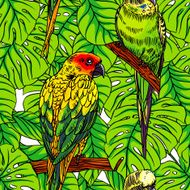 seamless parrots and palm leaves