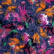 Seamless pattern Tropical exotic flowers drawn in pencil and watercolo N14